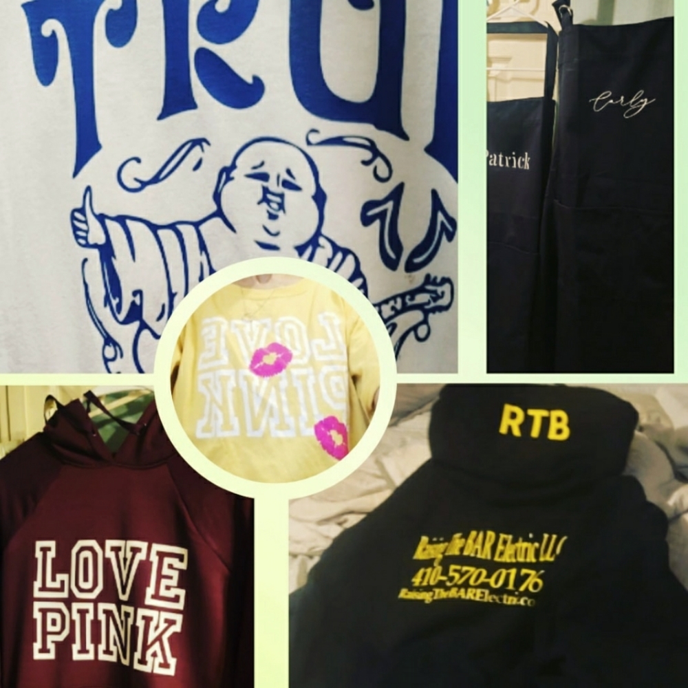 Custom made shirts, hoodies, facemasks, aprons, etc.